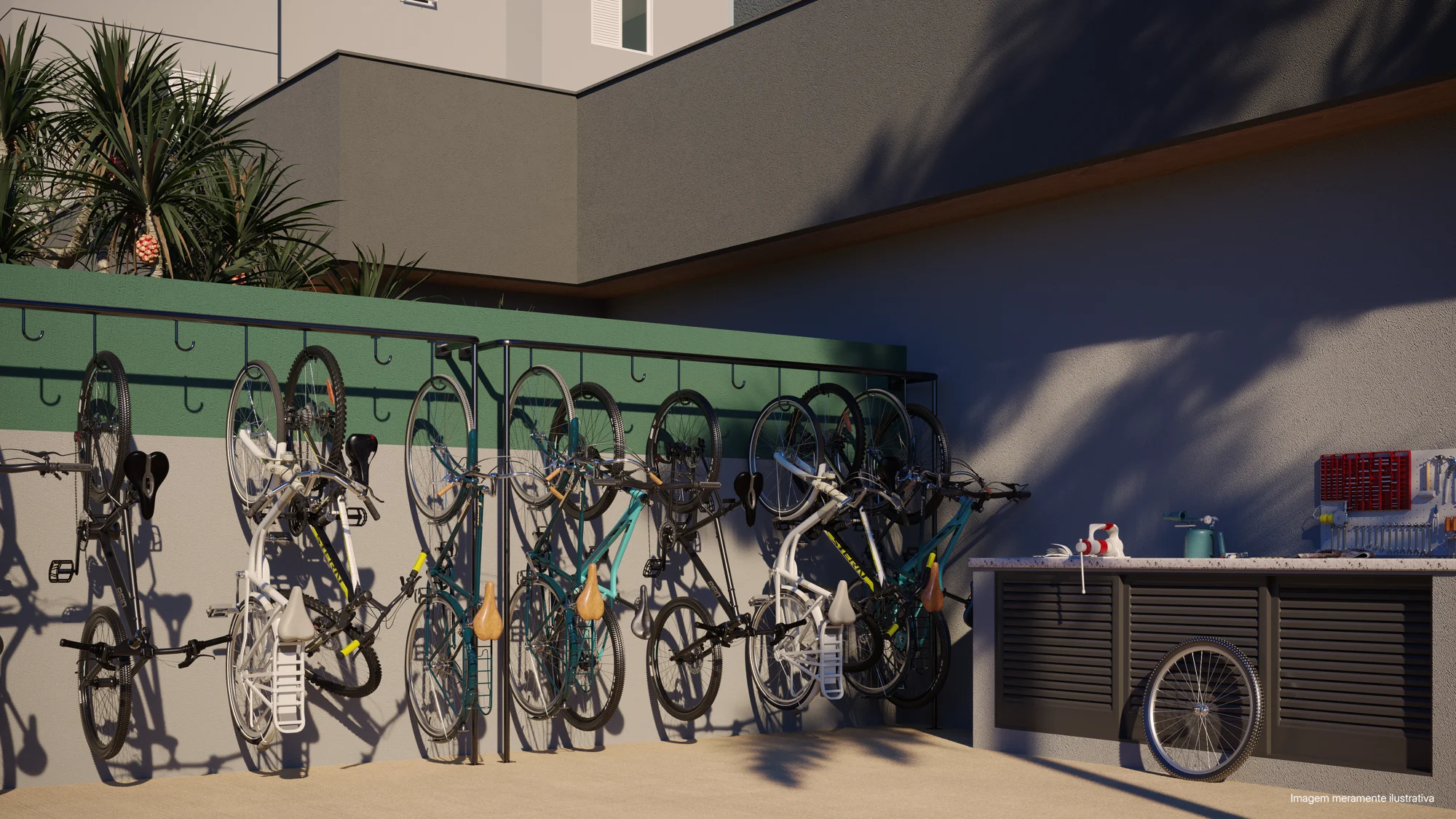 Perspectiva ilustrativa oficial — Bike Repair e bicicletário do Residencial Douro da ADN Construtora, em Campinas