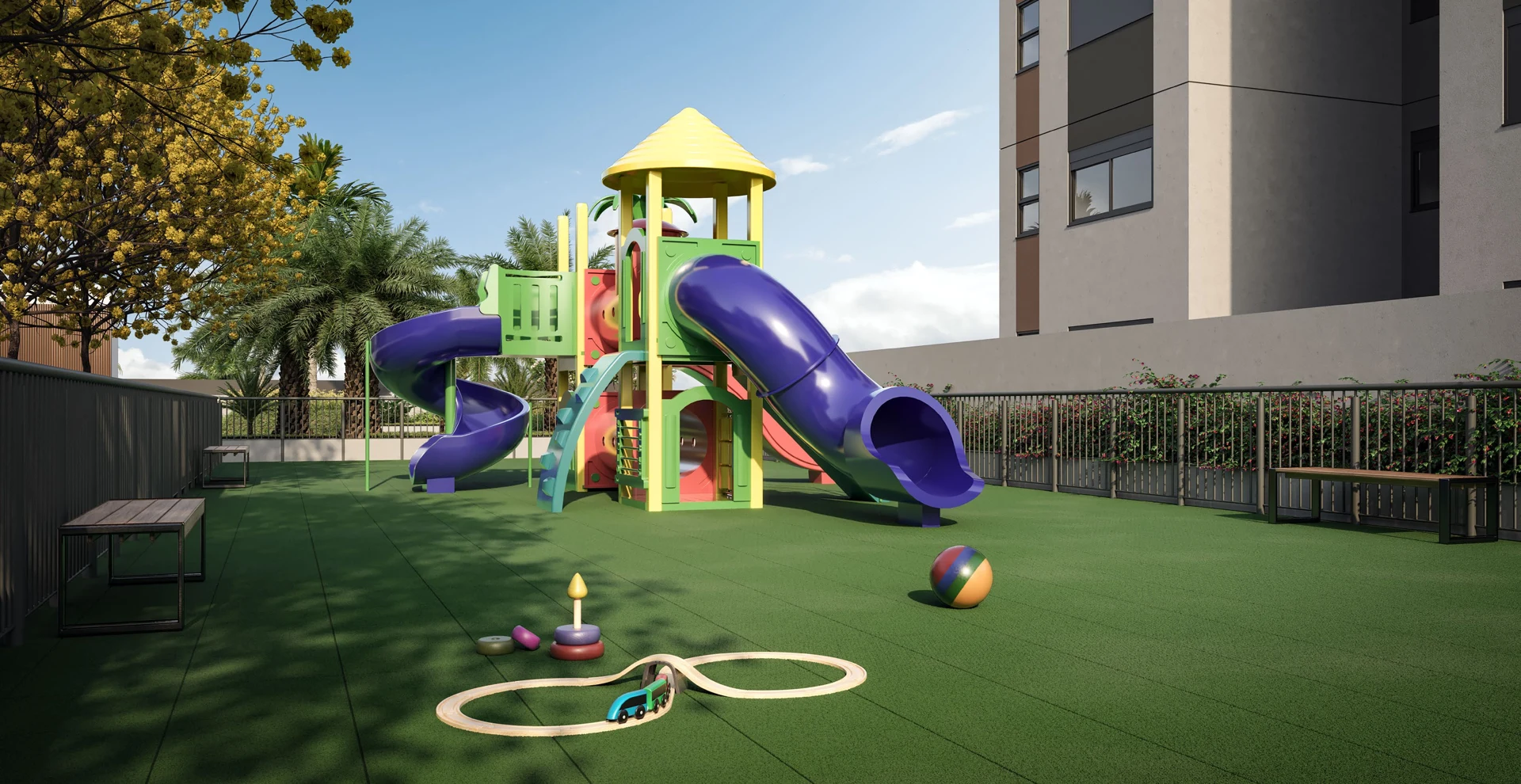 Perspectiva ilustrativa oficial — Playground do Sensia Swiss View, da Sensia em Campinas