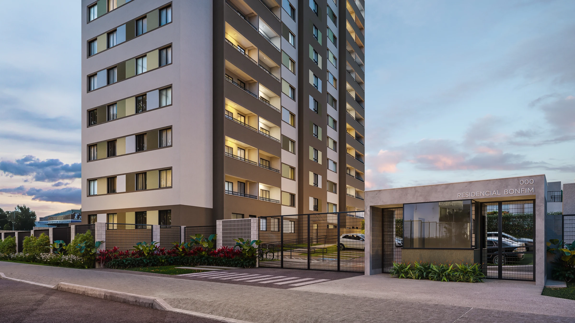 Perspectiva ilustrativa oficial — Fachada e portaria ao entardecer do Residencial Bonfim da MRV, em Campinas