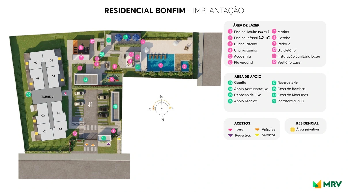 Implantação do Residencial Bonfim com torre, piscinas, áreas de lazer e acessos