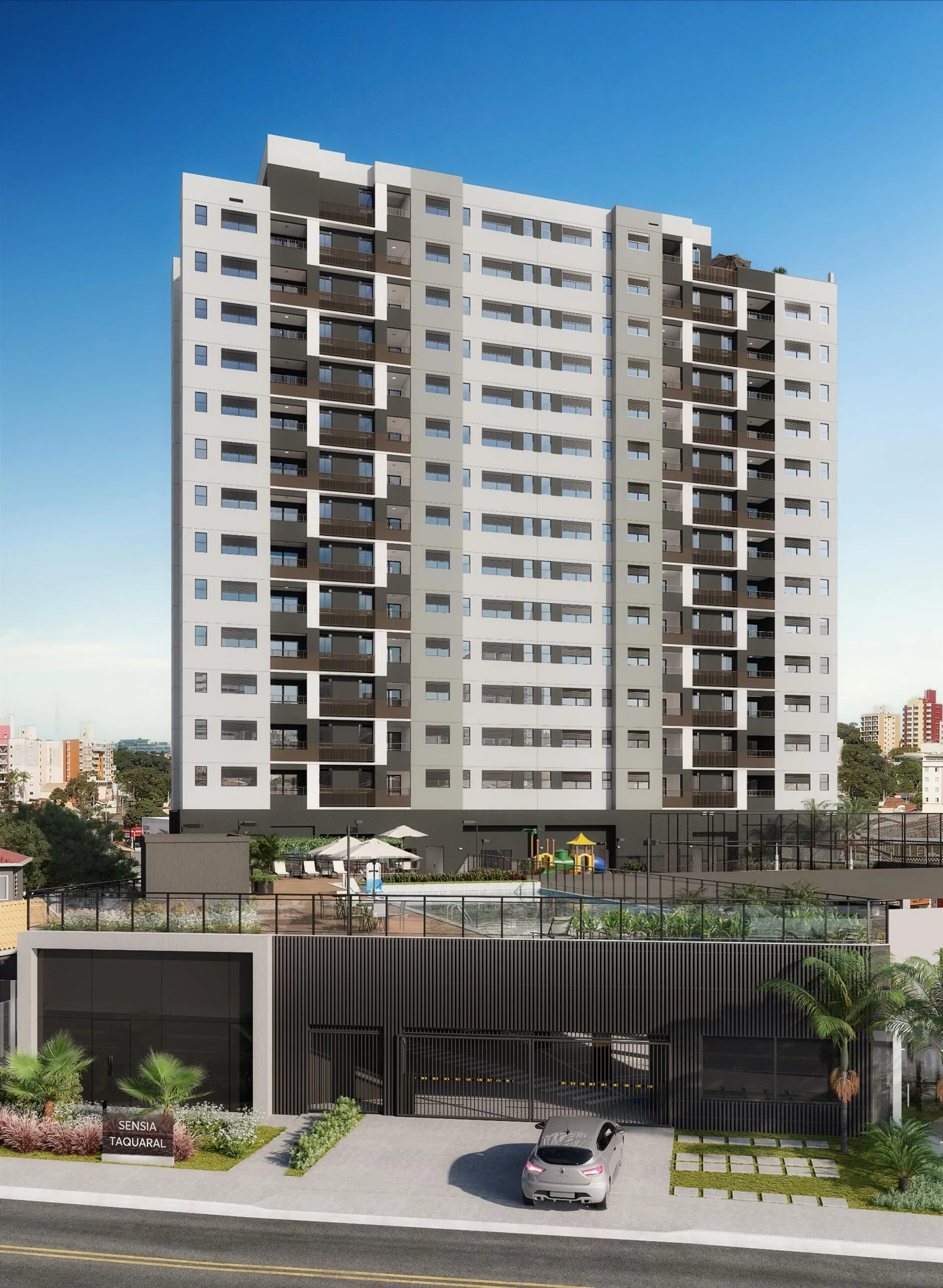 Perspectiva ilustrativa oficial — Fachada do Sensia Taquaral, da Sensia em Campinas