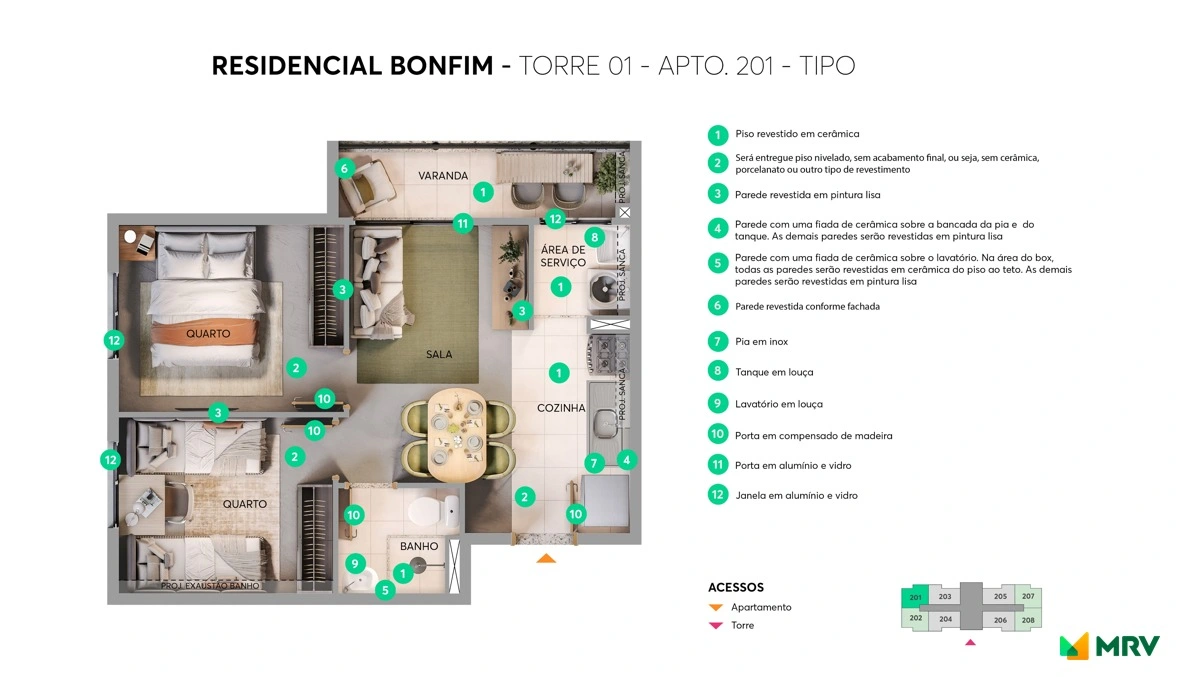 Planta do apartamento tipo 201 da Torre 01 do Residencial Bonfim, com dois quartos, varanda, sala, cozinha, área de serviço e banheiro