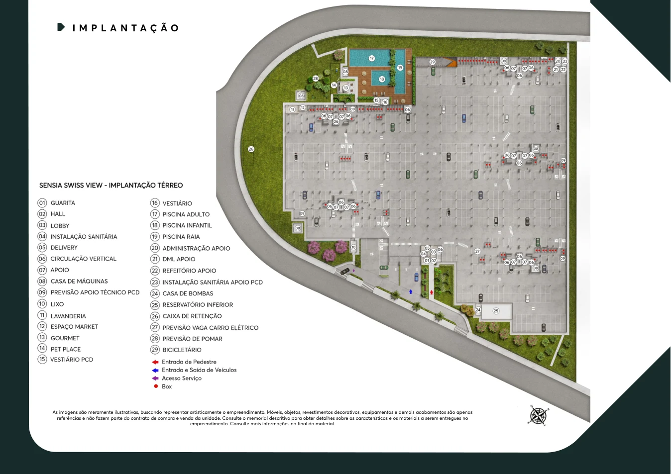 Material técnico oficial — Implantação do térreo do Sensia Swiss View, da Sensia em Campinas