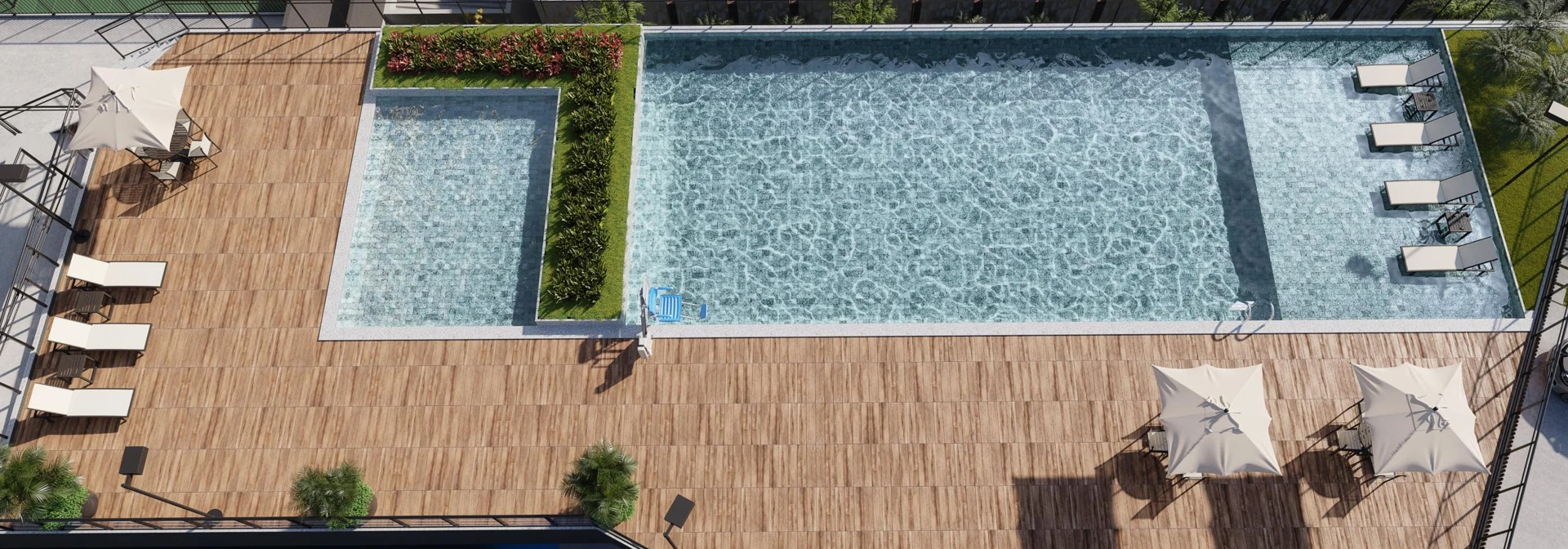 Perspectiva ilustrativa oficial — Piscinas — vista complementar do Sensia Taquaral, da Sensia em Campinas