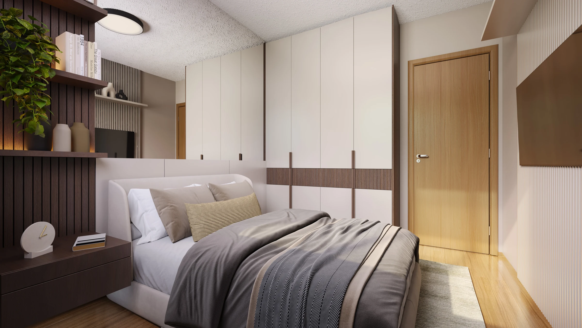 Perspectiva ilustrativa oficial — Quarto de casal decorado do Residencial Bonfim da MRV, em Campinas