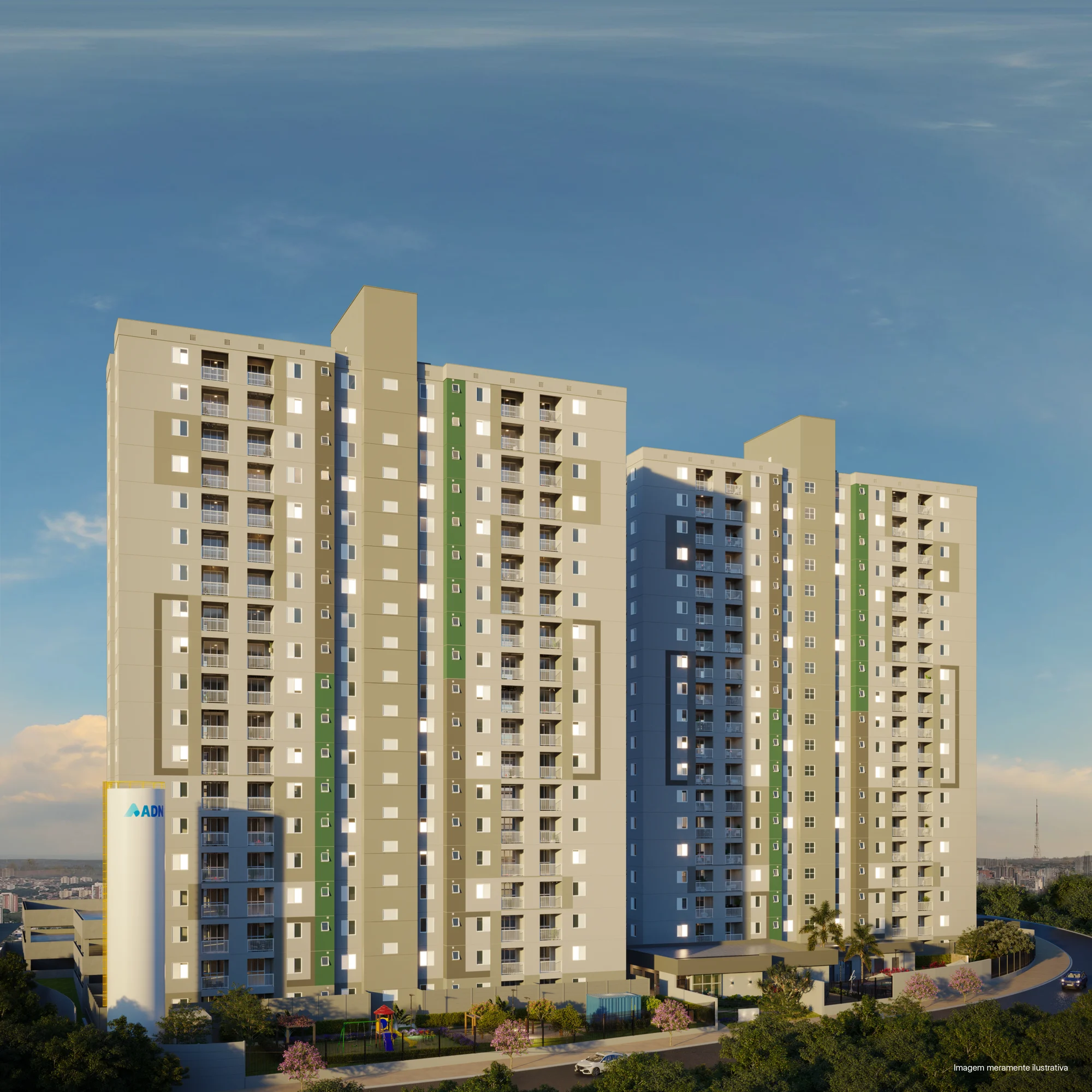 Perspectiva ilustrativa oficial — Fachada completa do Residencial Douro da ADN Construtora, em Campinas