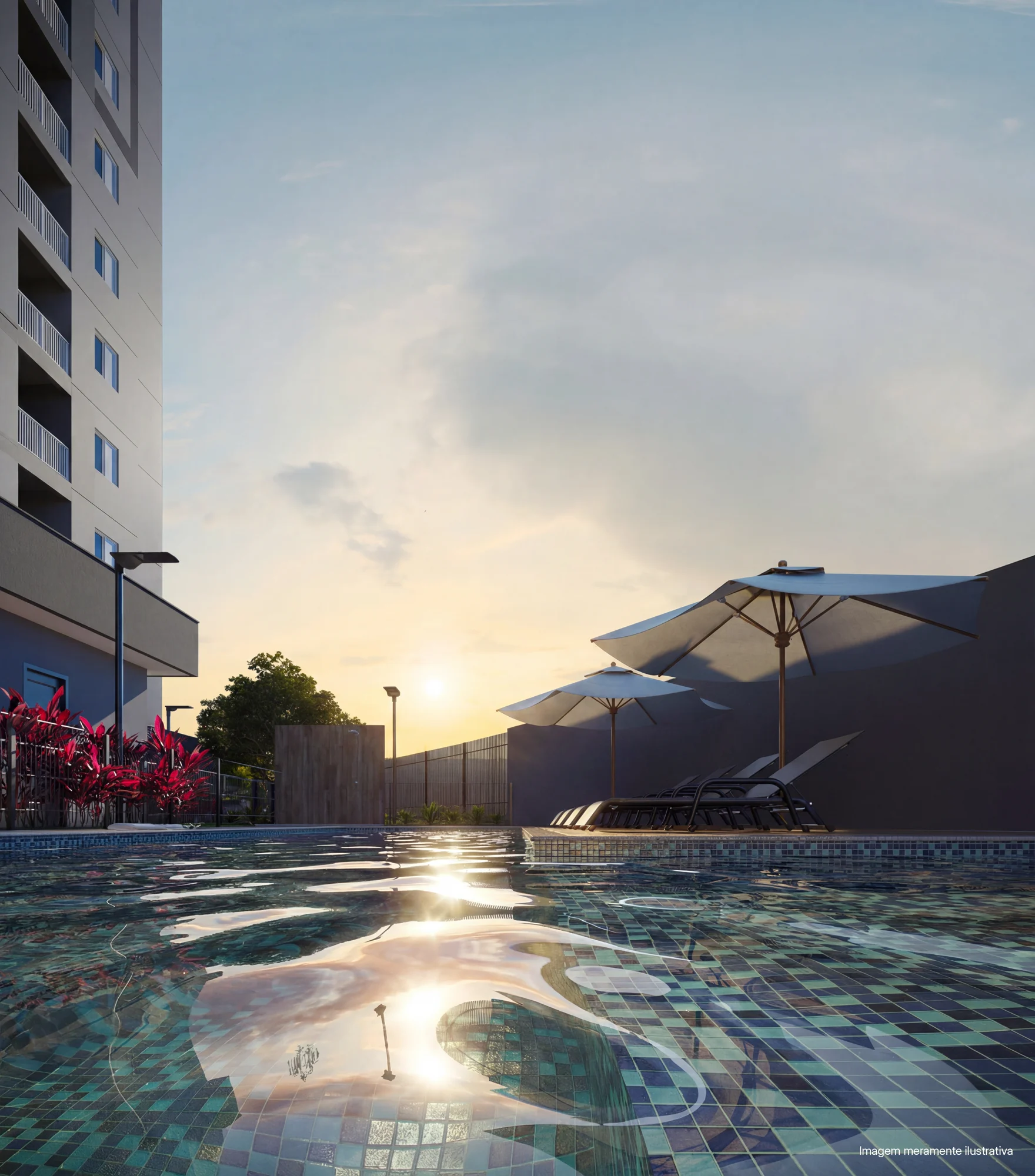 Perspectiva ilustrativa oficial — Piscina ao entardecer do Residencial Douro da ADN Construtora, em Campinas