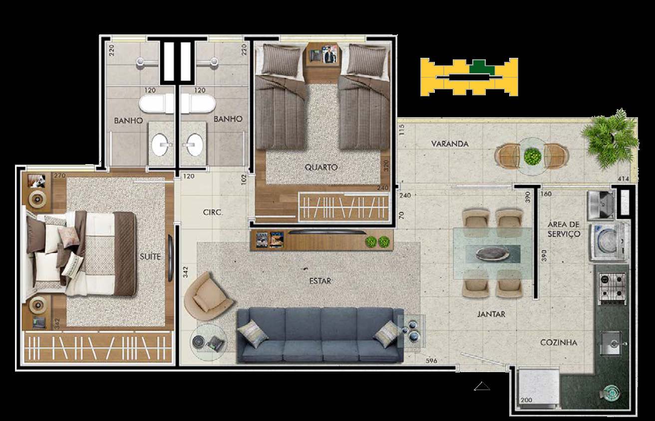 Planta do apartamento tipo 2 dormitórios 57 m² — Sol Maior