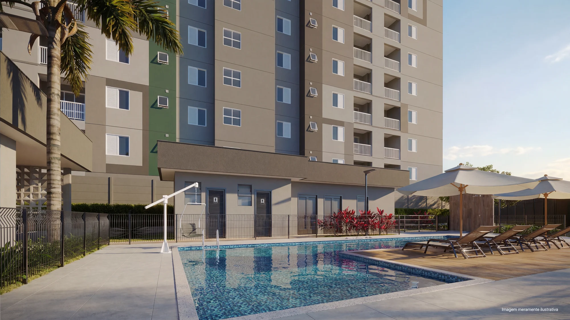 Perspectiva ilustrativa oficial — Piscina com prainha do Residencial Douro da ADN Construtora, em Campinas