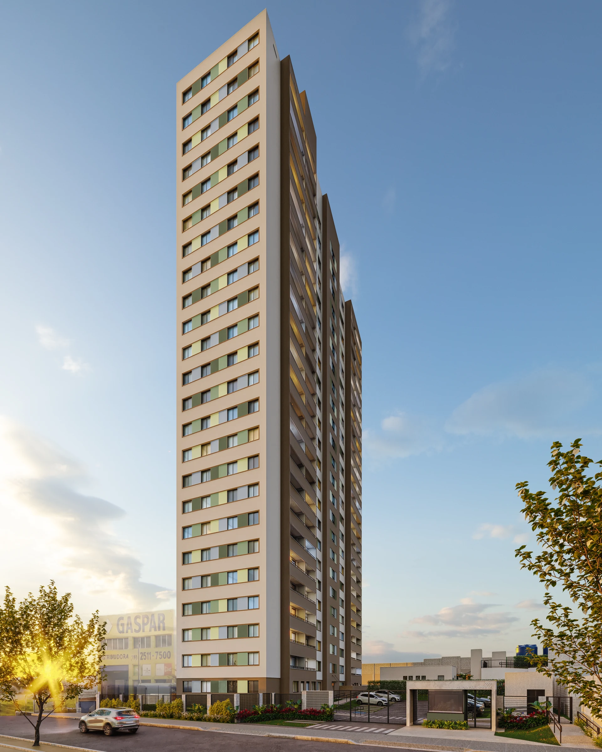 Perspectiva ilustrativa oficial — Fachada e portaria diurna do Residencial Bonfim da MRV, em Campinas