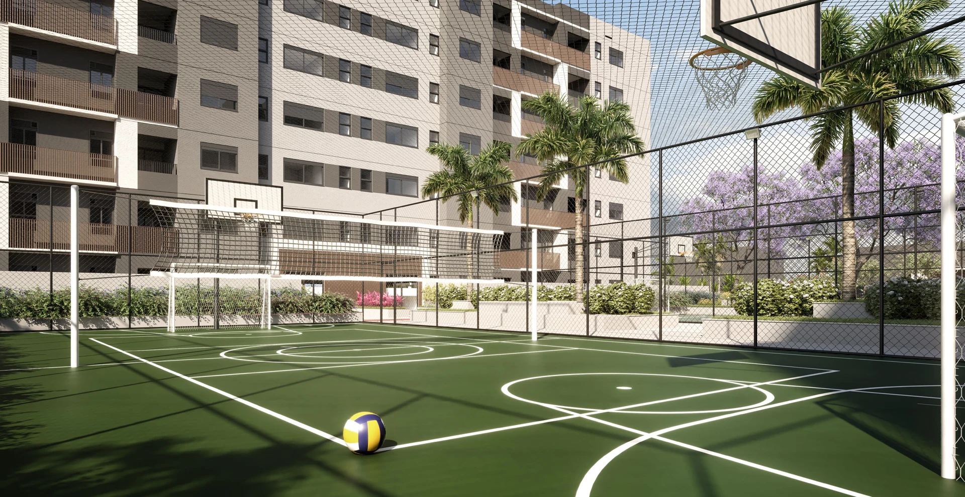 Perspectiva ilustrativa oficial — Quadras recreativas do Sensia Swiss View, da Sensia em Campinas