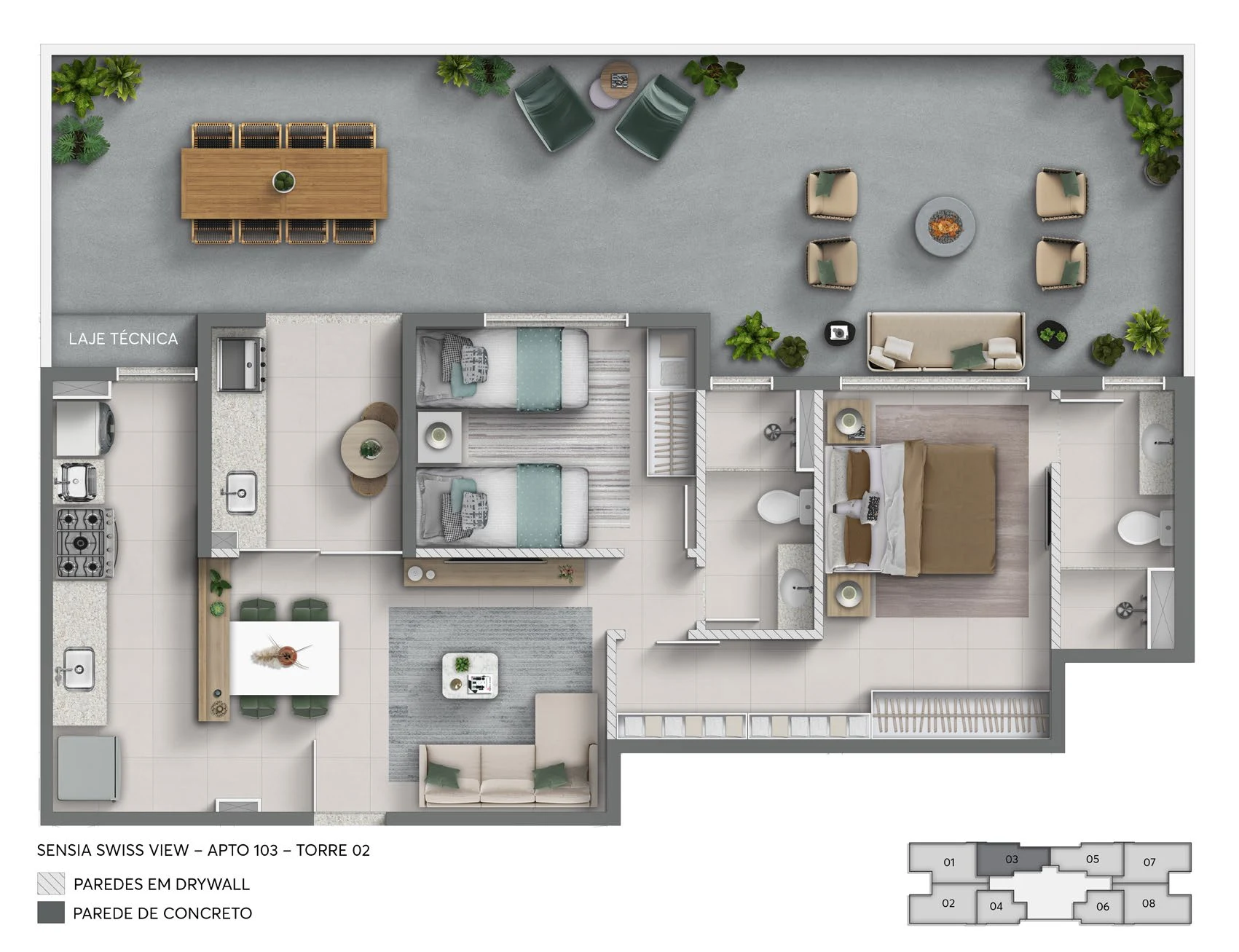 Material técnico oficial — Planta garden meio — apartamento 103 do Sensia Swiss View, da Sensia em Campinas