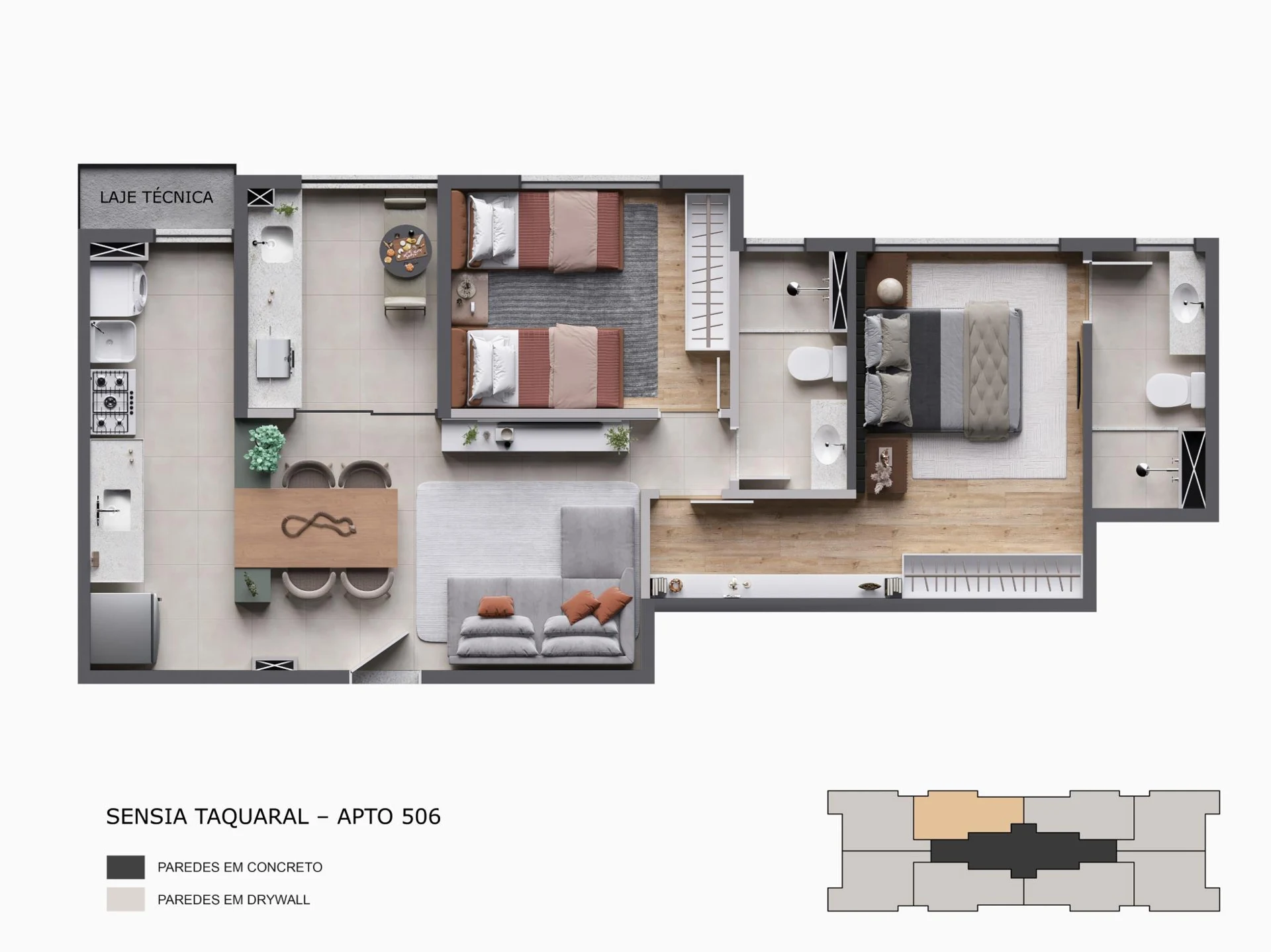 Material técnico oficial — Planta meio — 61,17 m² do Sensia Taquaral, da Sensia em Campinas