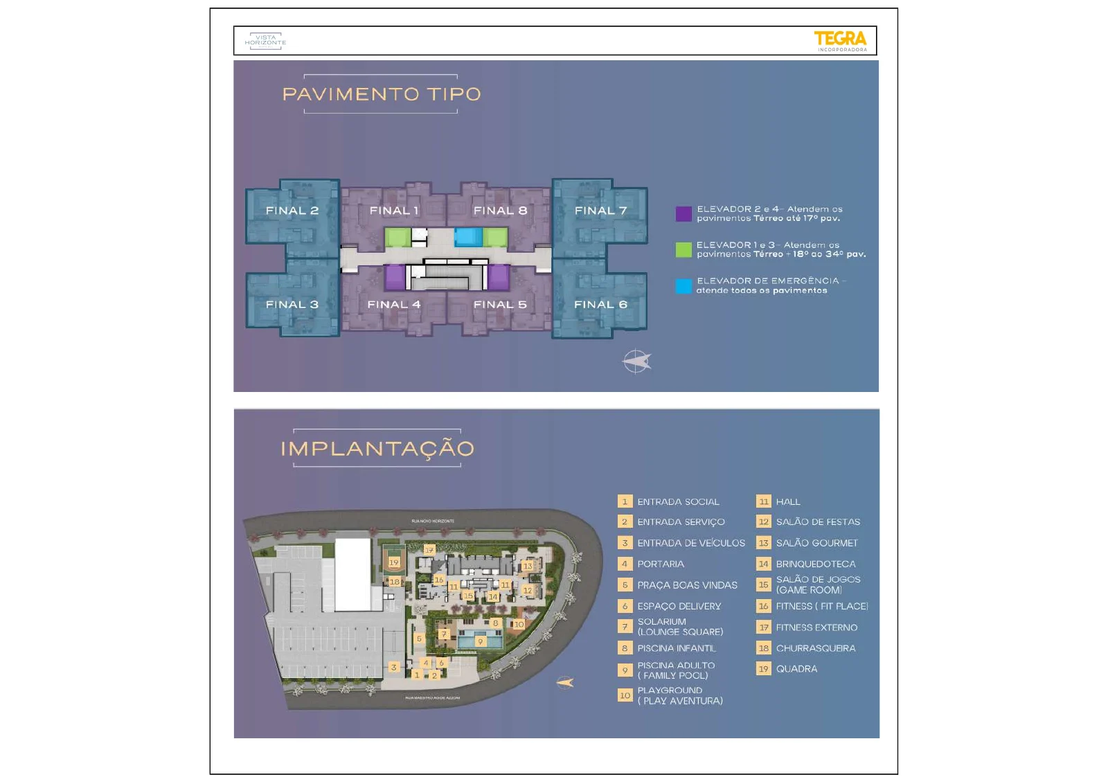 Implantação do Vista Horizonte com piscinas, espaços de lazer e organização do pavimento tipo