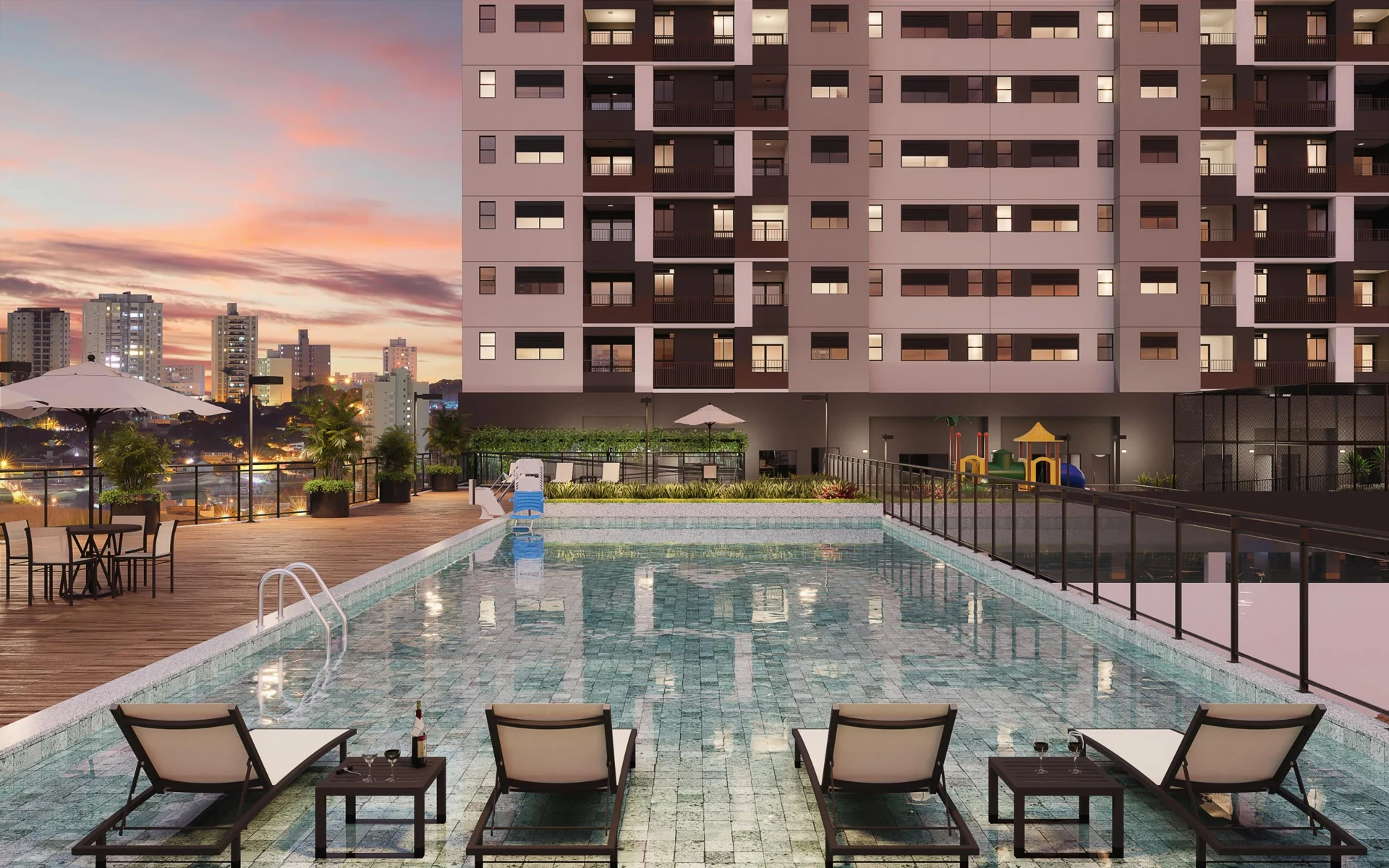 Perspectiva ilustrativa oficial — Piscinas adulto e infantil do Sensia Taquaral, da Sensia em Campinas