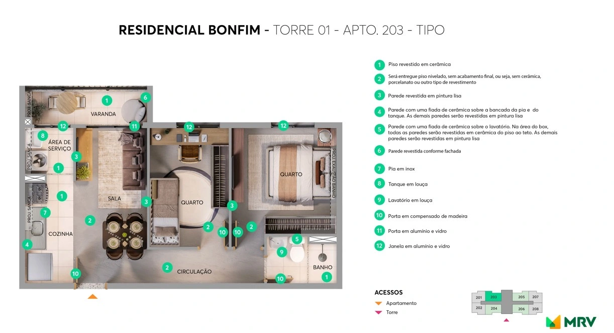 Planta do apartamento tipo 203 da Torre 01 do Residencial Bonfim, com dois quartos, varanda, sala, cozinha, área de serviço e banheiro
