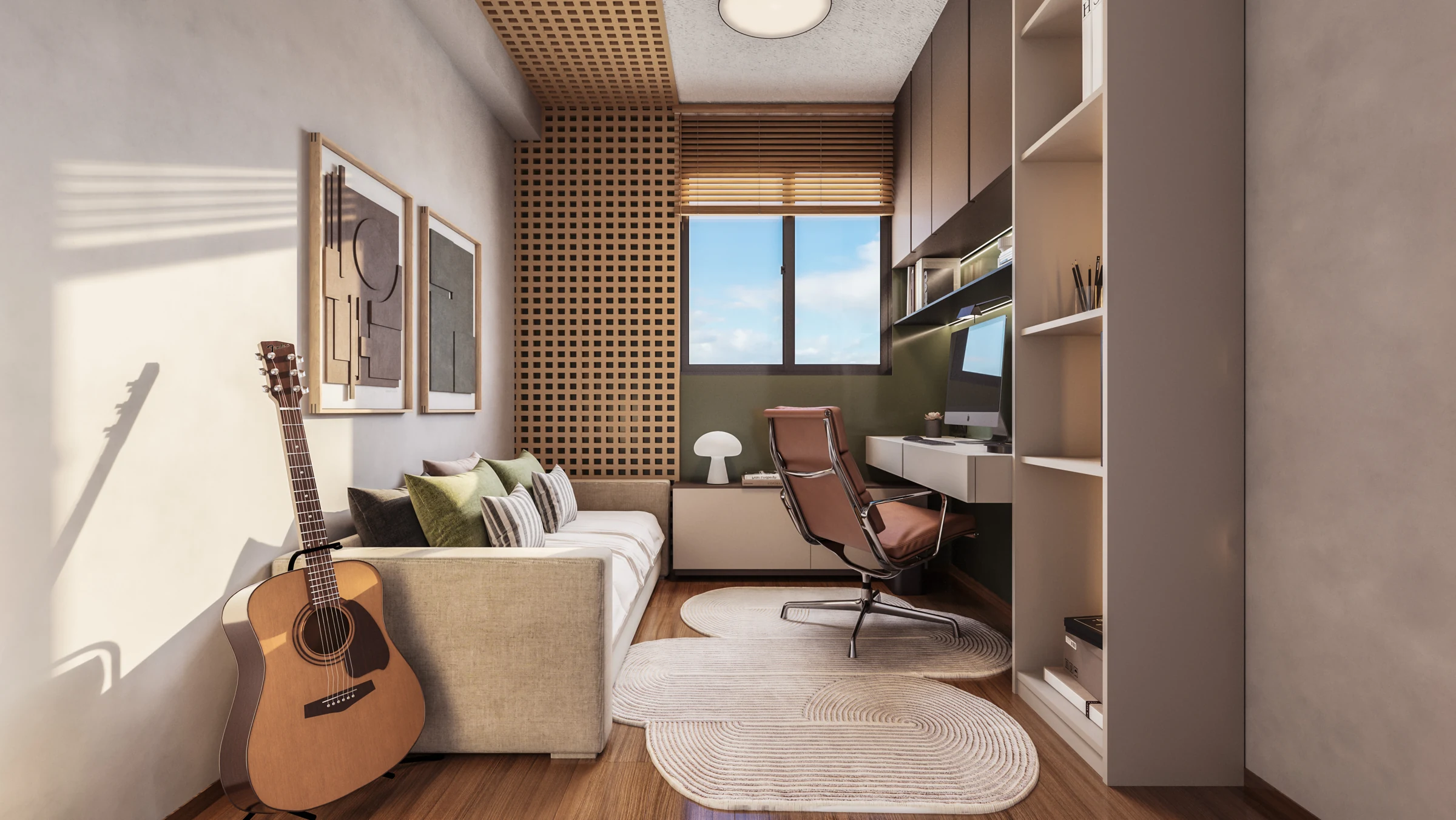 Perspectiva ilustrativa oficial — Quarto de solteiro decorado do Residencial Bonfim da MRV, em Campinas