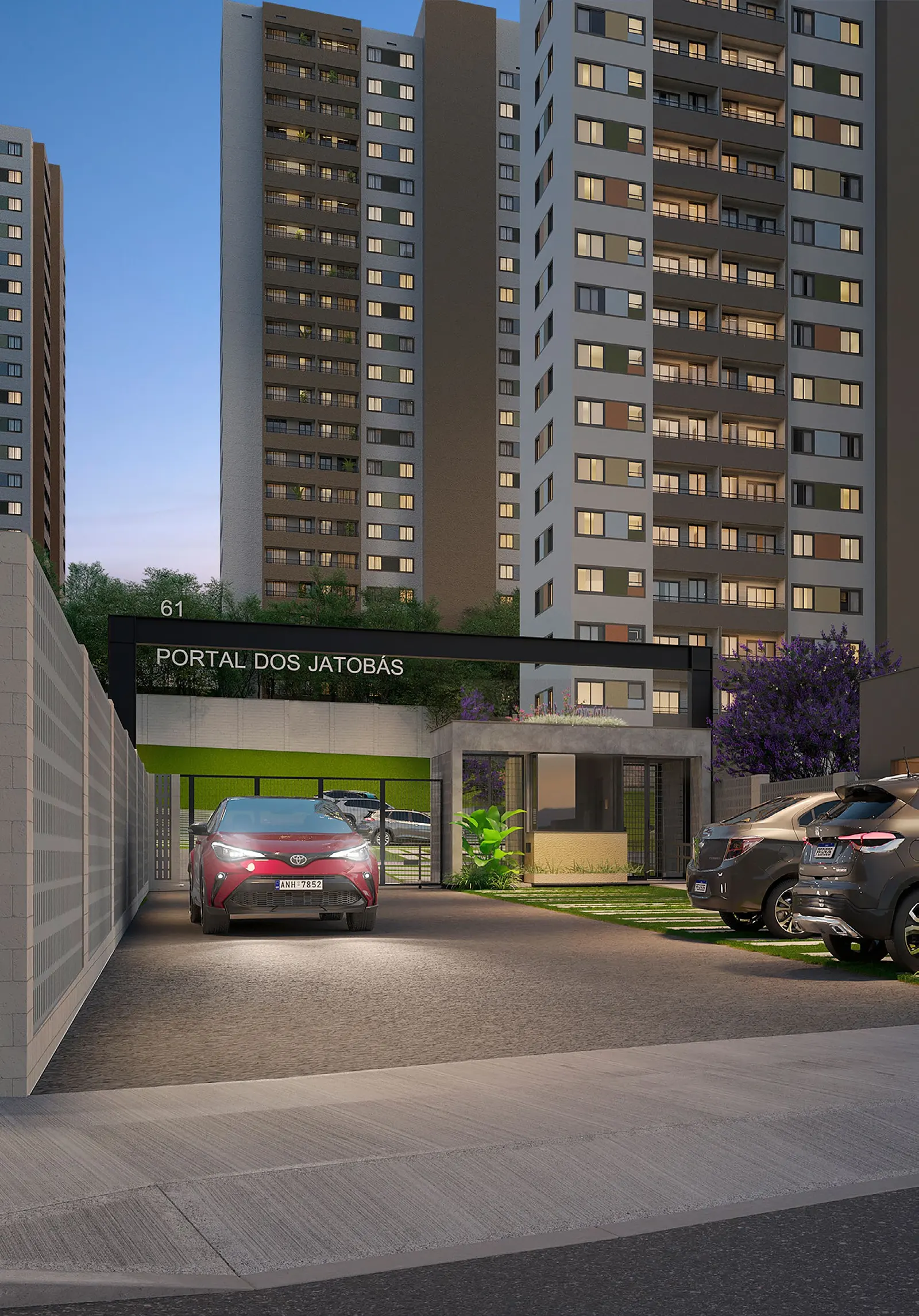 Fachada e entrada do empreendimento Portal dos Jatobás em Campinas